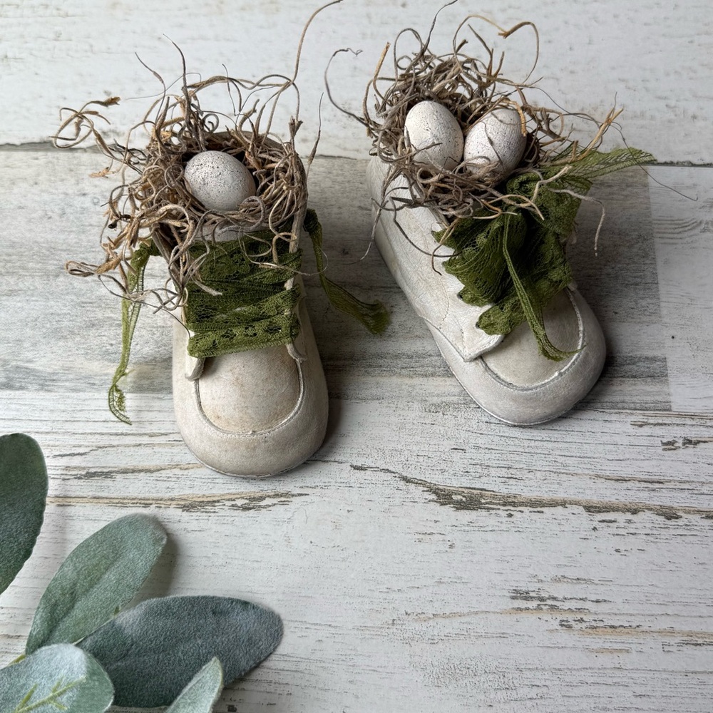 Vintage Leather Baby Shoes Upcycled into Charming Spring Decor